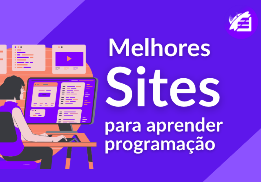 Imagem com fundo roxo escrito "Melhores sites para aprender programação" e uma mulher em desenho vetorial em frente a um computador